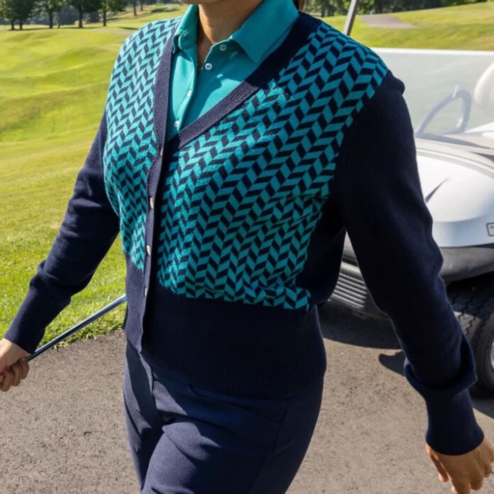 LADY HAGEN Herringbone Golf Cardigan Sweater XXL